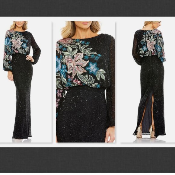 NWT $598 Mac Duggal Embellished Black Multicolor Floral High Neck Gown Size 4
